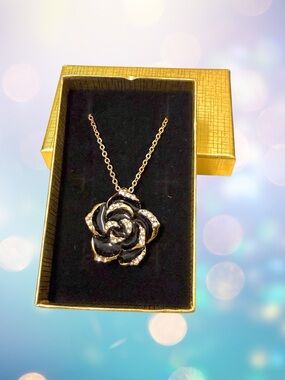 Rose Pendant Necklace with Crystal Accents, Gold Toned with Black Rose